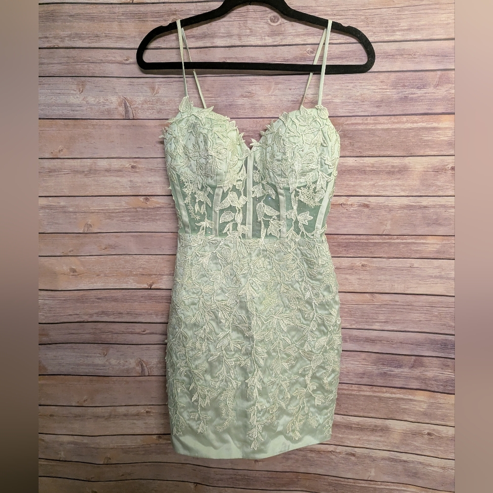 Mint Green Embroidered Lace Corset Sequin Mini Dress – M